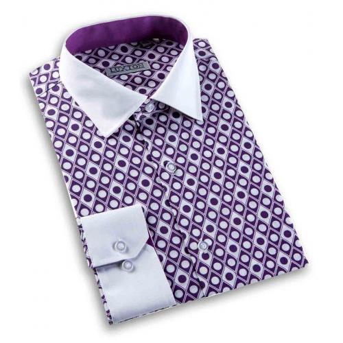 Luxton White / Purple Polka Dot / Geometric Design Cotton Blend Dress Shirt P008
